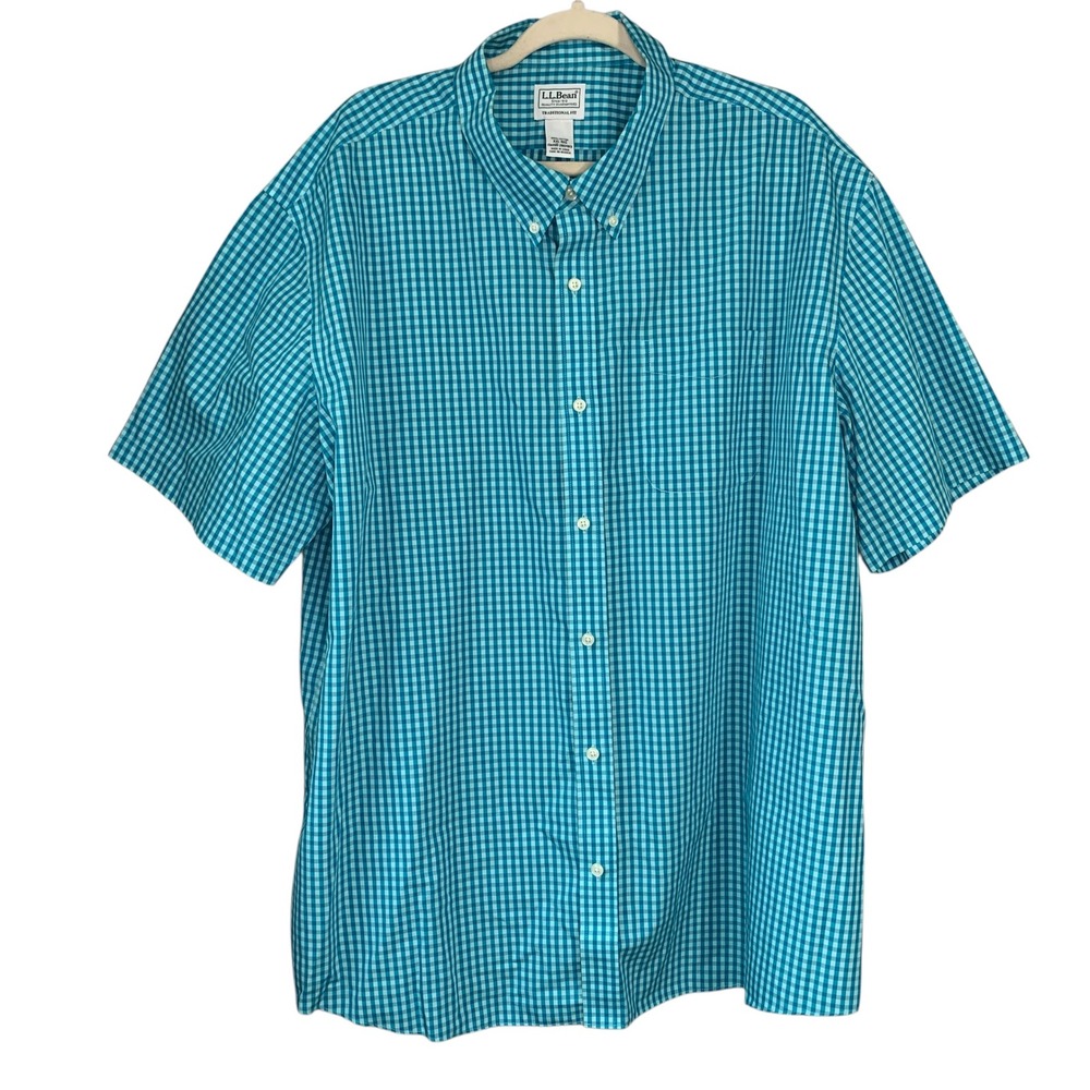 L.L. Bean aqua traditional‎ fit Regular check short sleeve button down. Size XXL